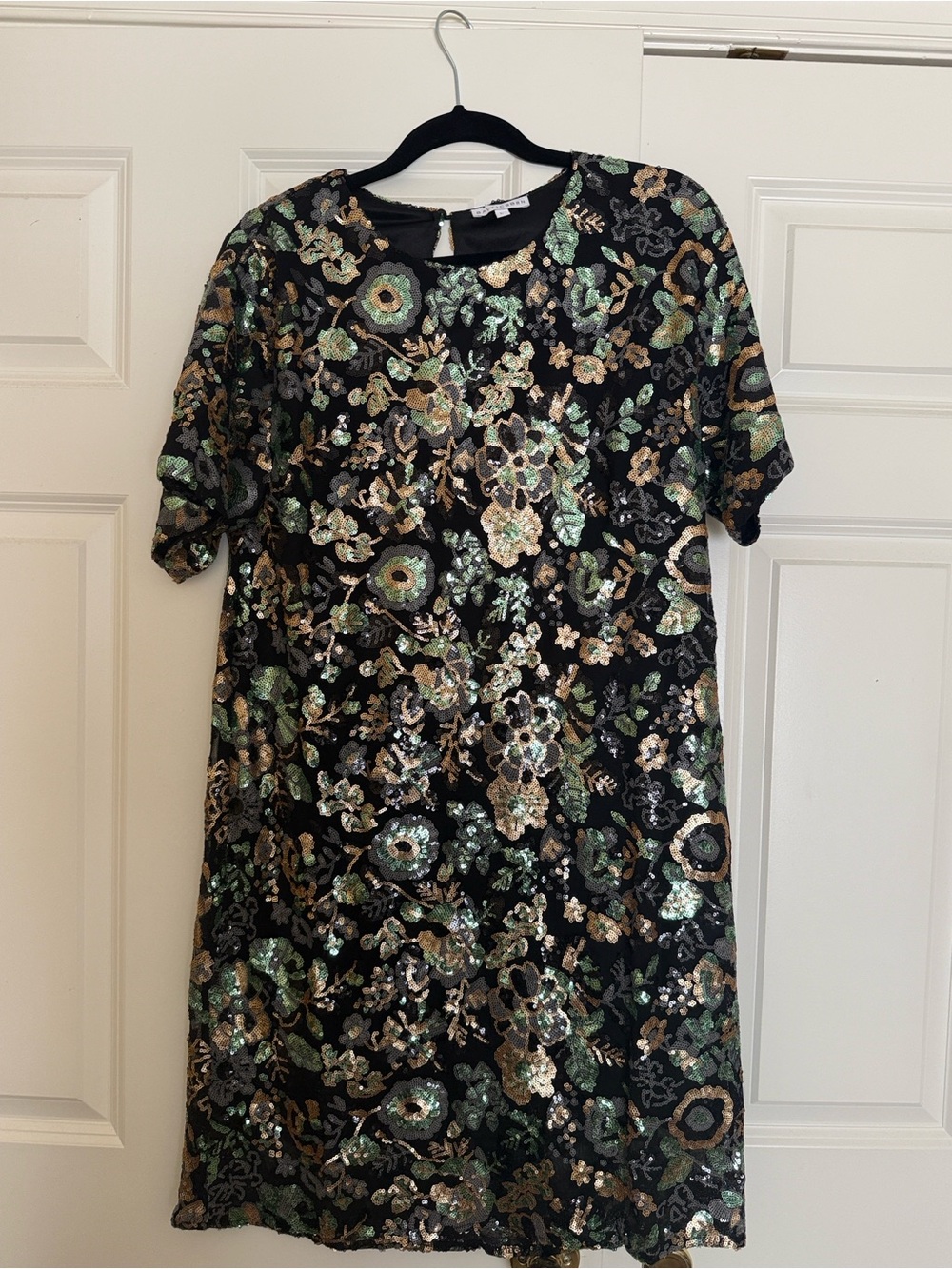 Baltic Born Black Sequin Mini Dress with Green and Gold Floral Embroidery